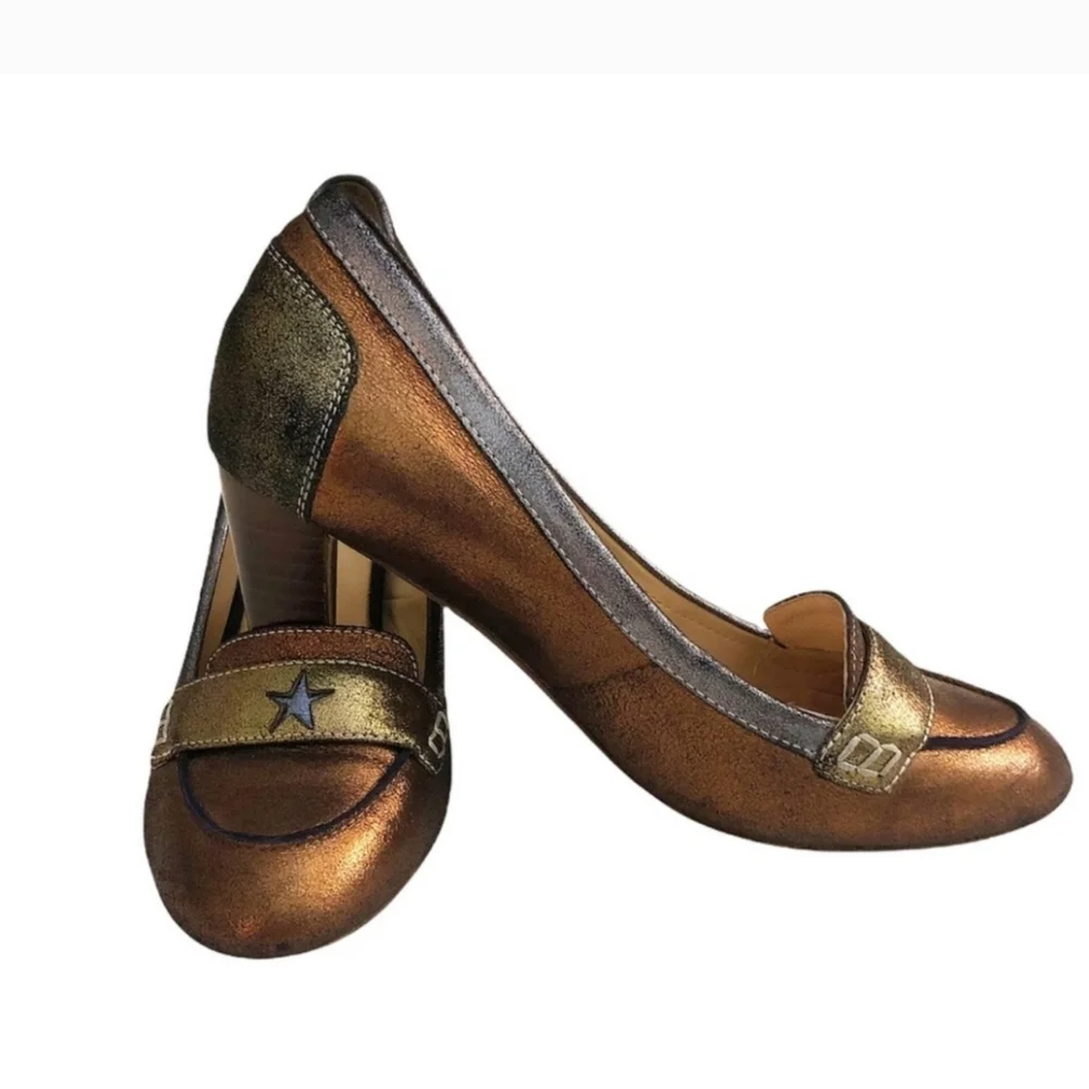 C.Petula‎ Made In France Womens Metallic 2 Toned Star Acc. Brushed Leather Heels